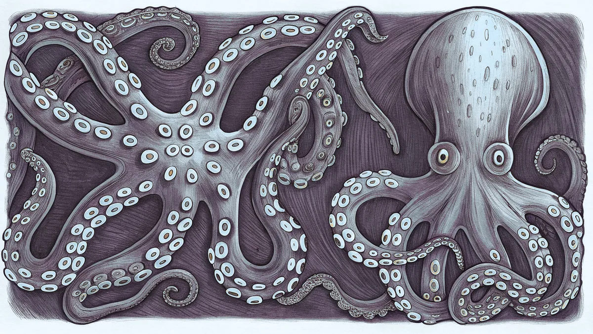 A curious octopus and squid displaying arms, suckers, and an ancient nautilus.