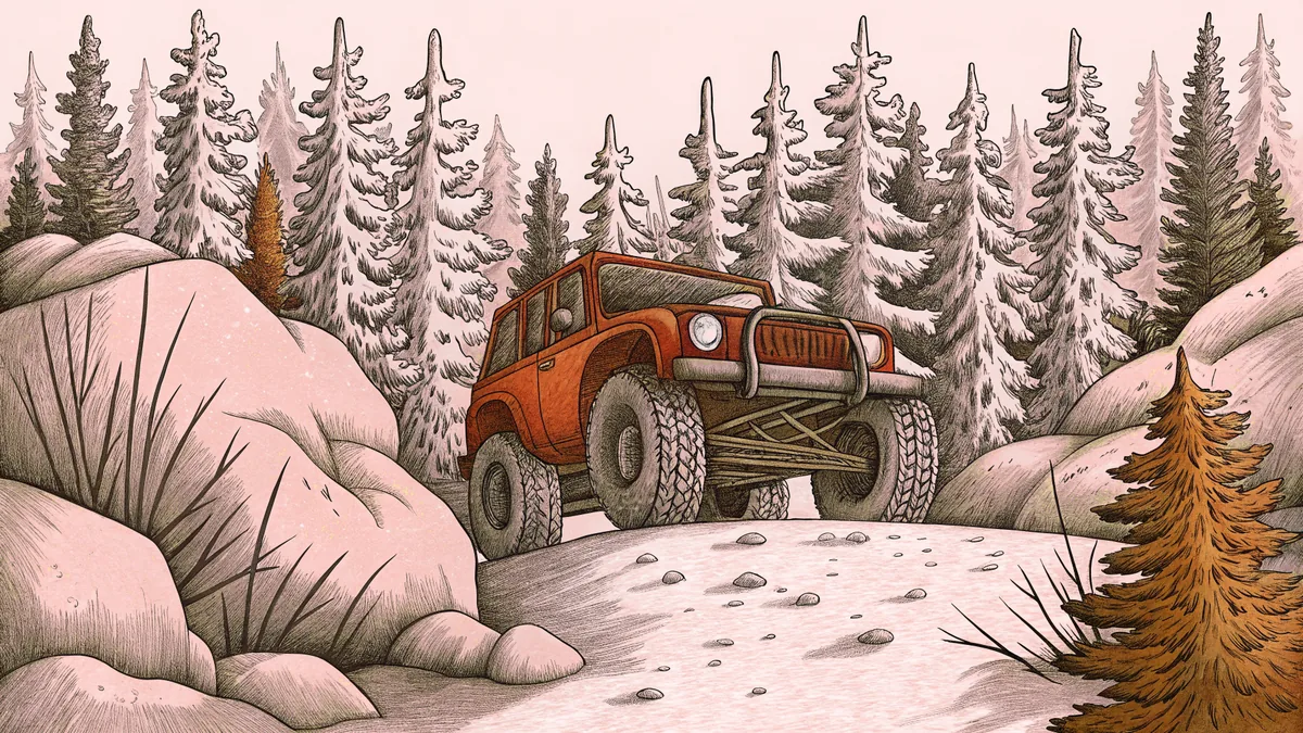 A rugged all-terrain vehicle climbs muddy terrain through forest with a powerful winch mounted.