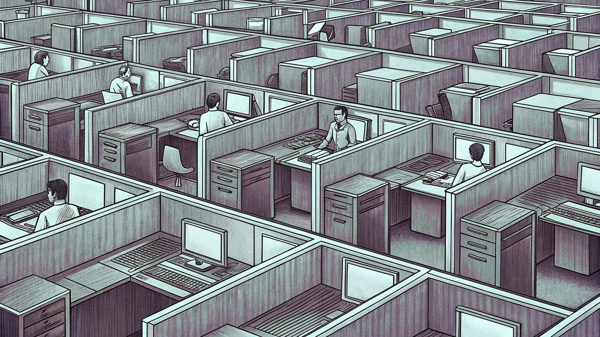 An open-plan office with desk workers, computer terminals, and office supplies.