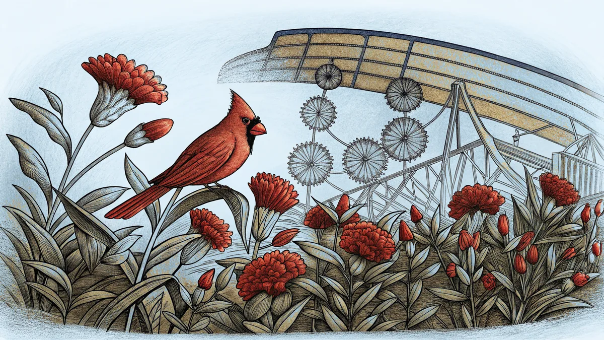 A cardinal alights on red carnations as an airplane flies past distant coasters.