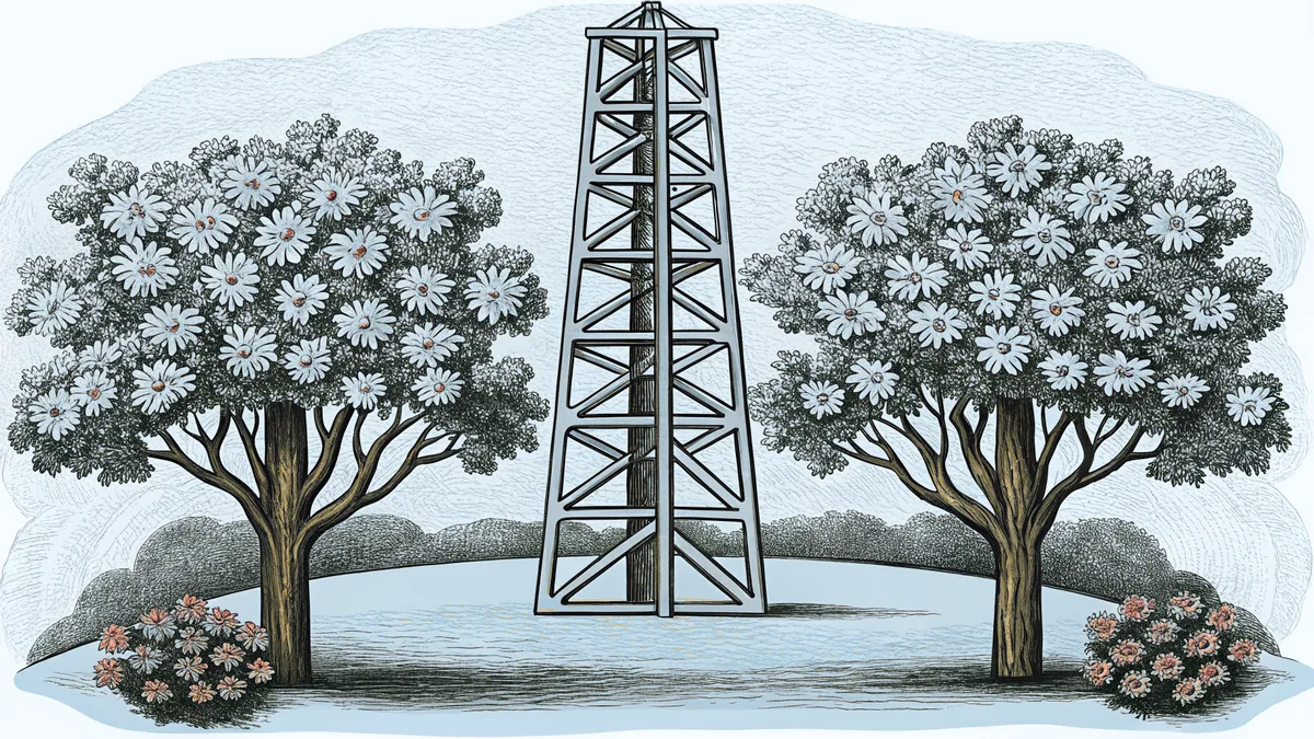 An oil derrick stands near the Survivor Tree in blooming Myriad Gardens.