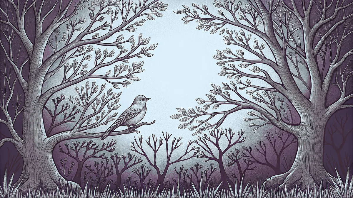 A flycatcher hunts insects among blooming redbuds and wild roses.