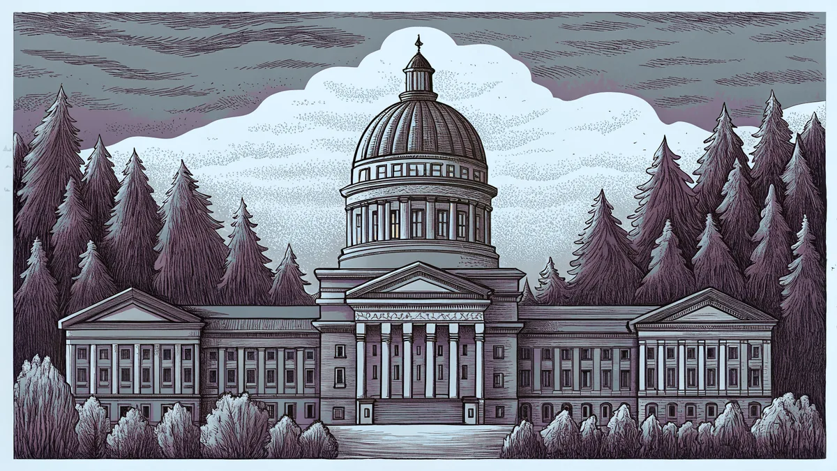 Mount Rainier towers above Olympia's State House and surrounding forests.