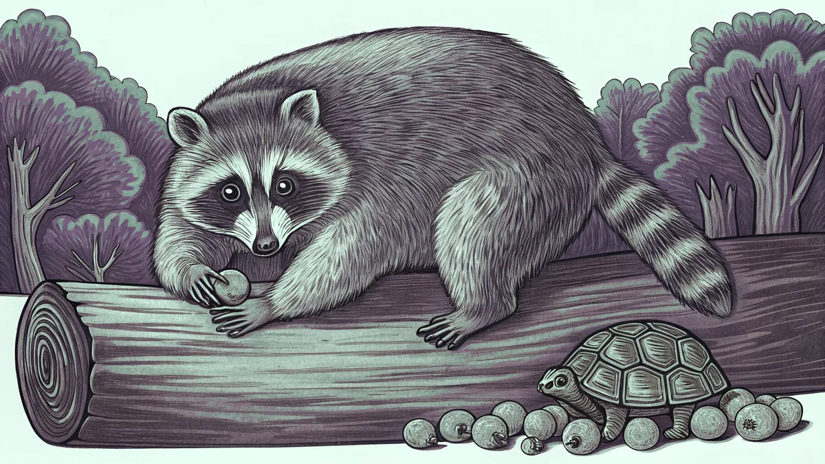 A raccoon and turtle sharing a mossy forest clearing.