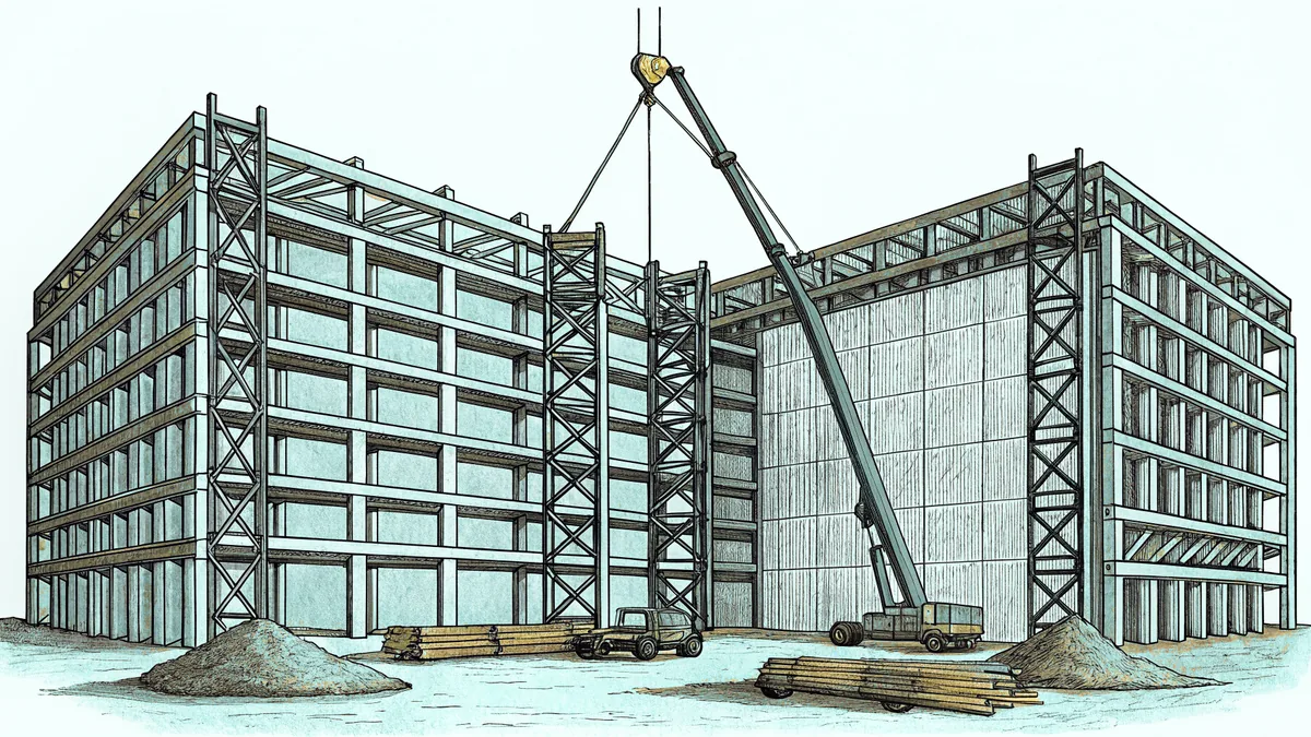 A construction site with crane, steel girders, metal scaffolding, rubble, and tools.