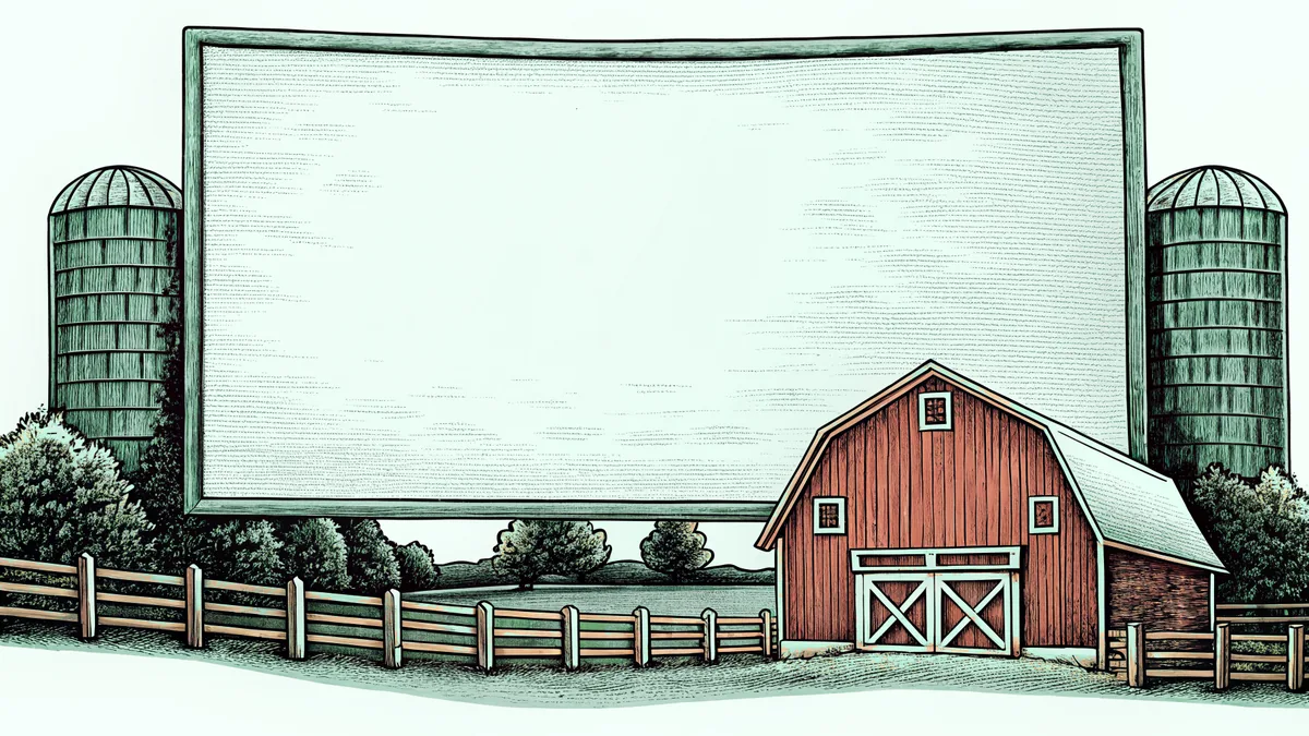 A country farm with a barn, fencing, and grain storage structures.
