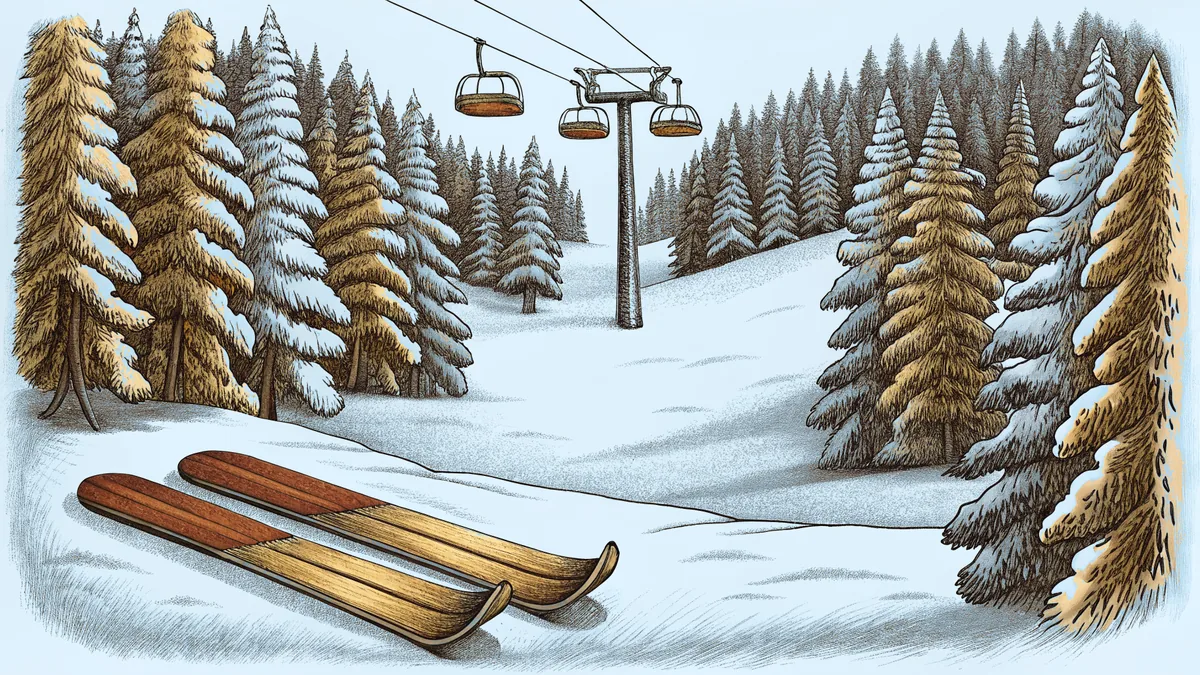 Alpine ski equipment leans together on a snow-covered mountain slope.