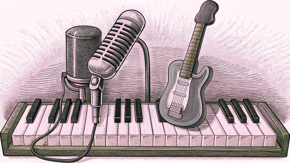 A modern microphone stands beside a grand piano with an acoustic guitar and spotlight.