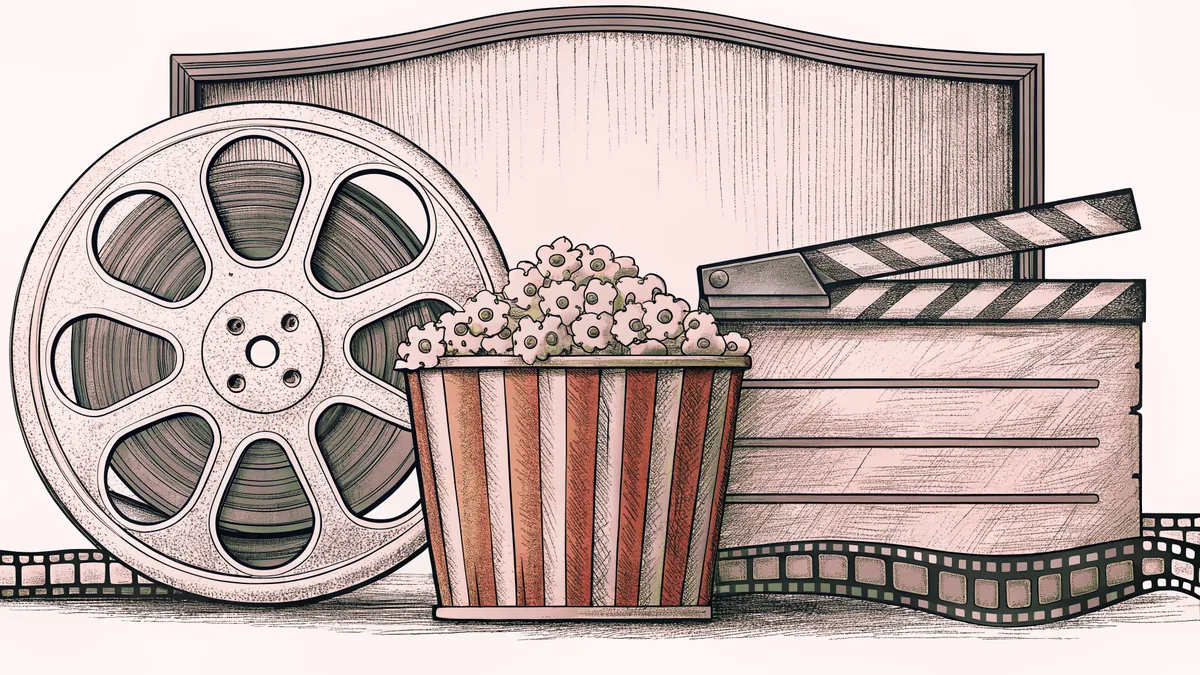 A film reel and blank clapper board sit atop a counter with a striped popcorn container nearby.