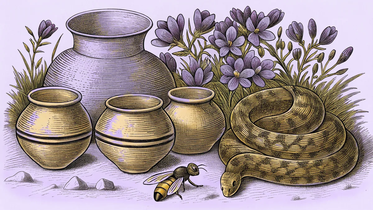 A bee hovers beside a stack of clattering pots and a coiled snake.