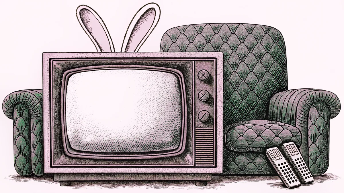 A vintage TV set with rabbit ears stands next to a remote control on a living room sofa set.