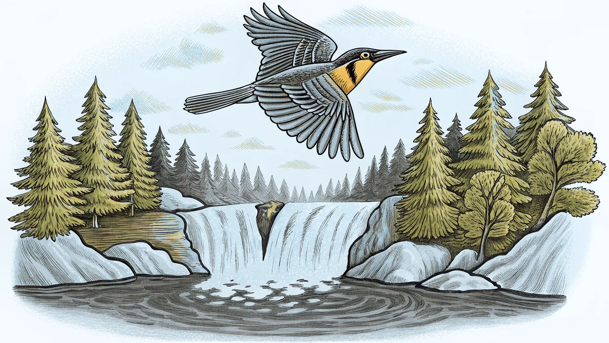 A meadowlark soars above Douglas firs with Silver Falls plunging into clear water.