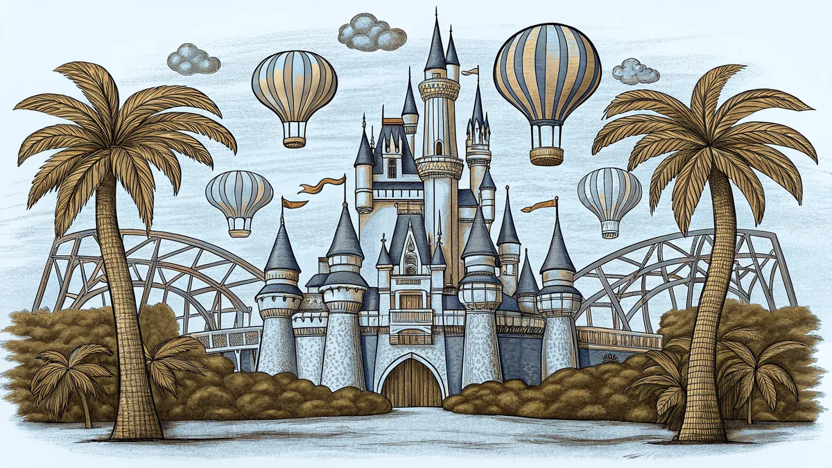 A whimsical theme park castle rises above water attractions and lush tropical vegetation