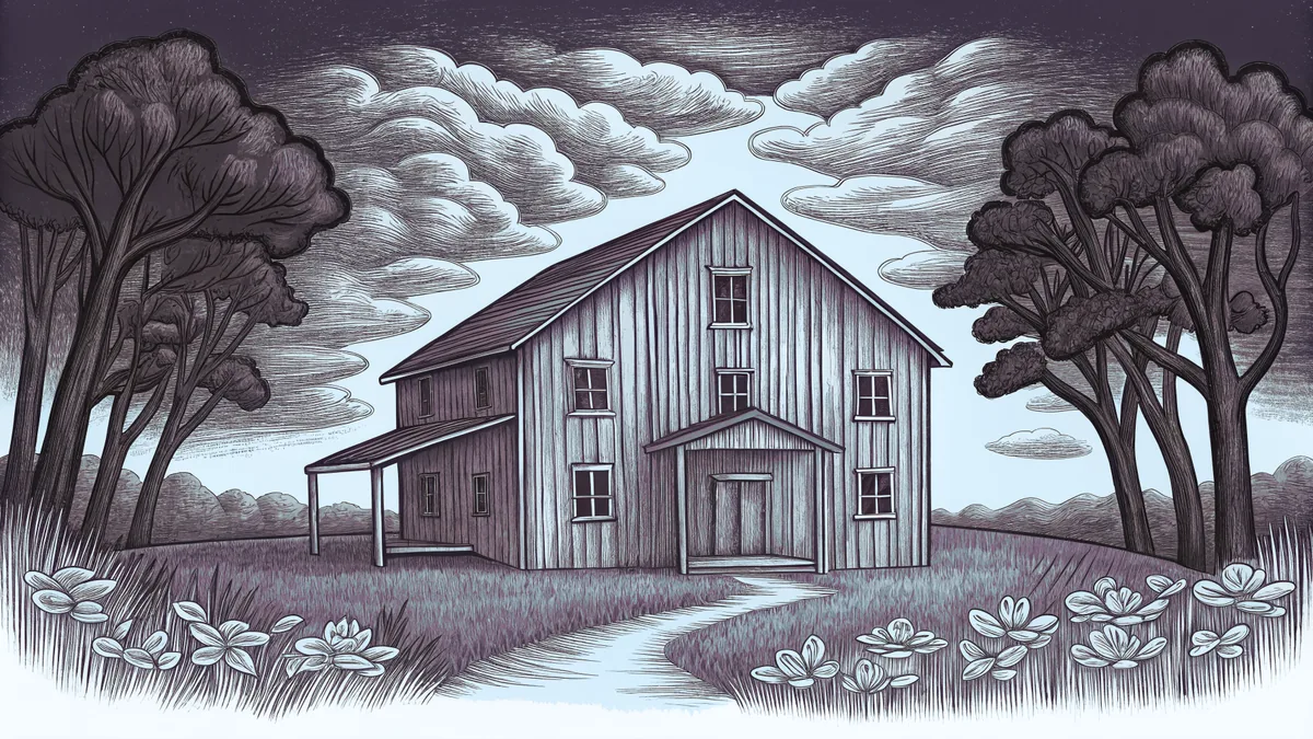 A charming farmstead with rose gardens and fruit stands borders a scenic creek