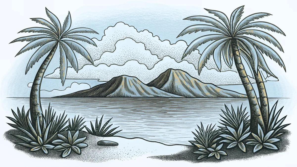 Volcanic tropical islands with palms silhouetted against tropical sunset
