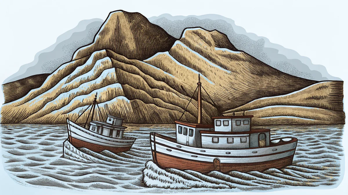 Fishing boats bring in tuna near Long Bay's scenic mountain backdrop.