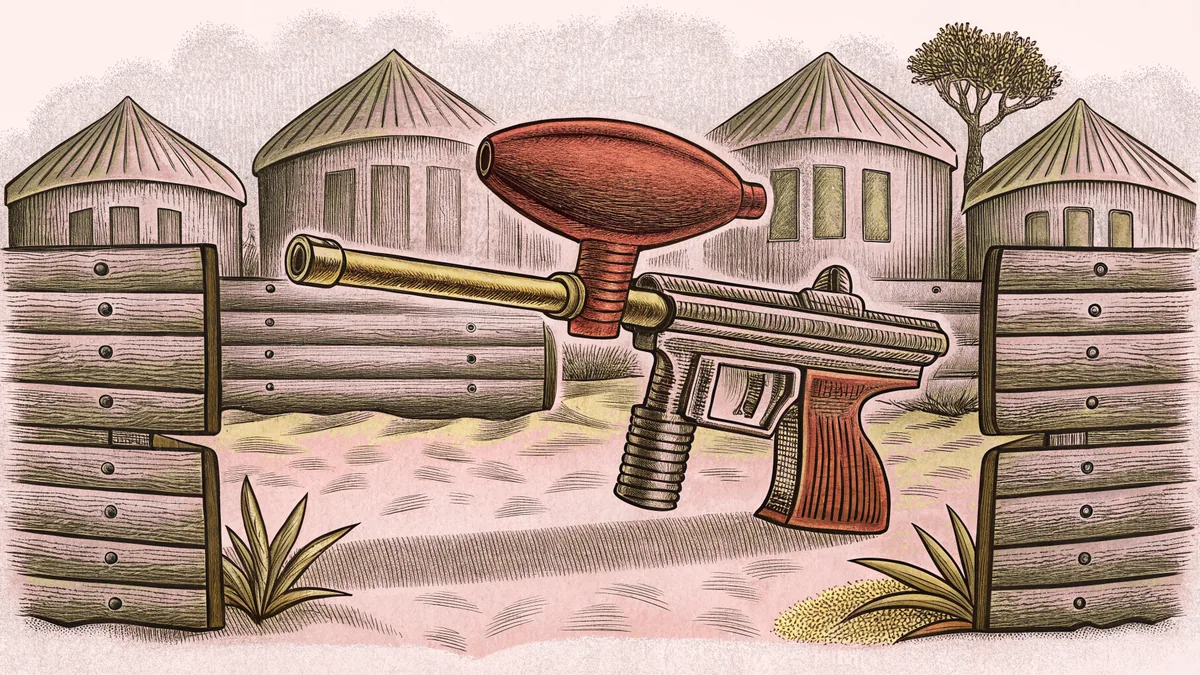 A paintball marker and loader sit on a terrain course with protective bunkers nearby.