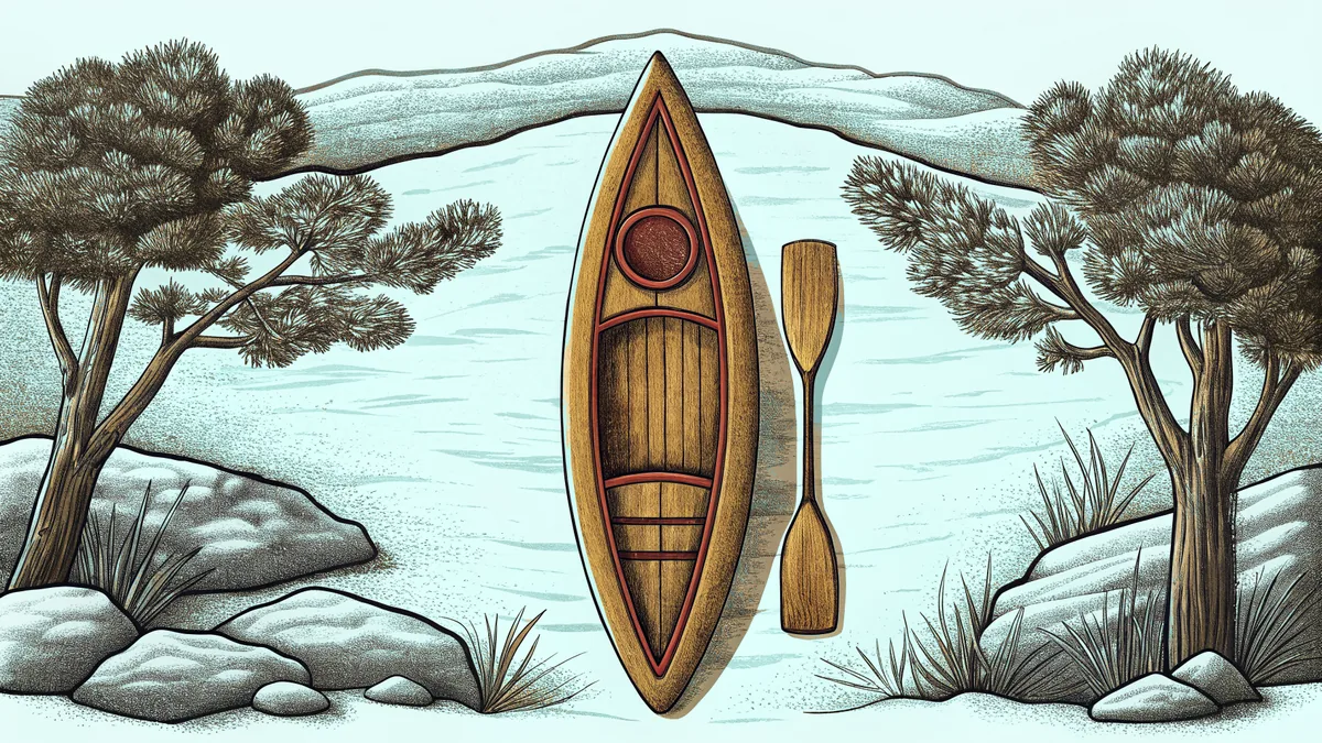A kayak rests beside a carpenter's level and a spinning helicopter rotor blade.