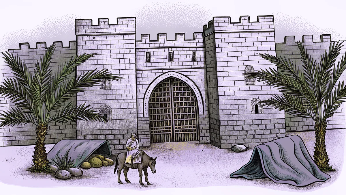 Palm branches and discarded cloaks on a processional path with a donkey approaching.
