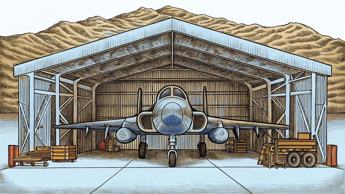 A jet aircraft stands on an airfield with desert mountains stretching to the horizon