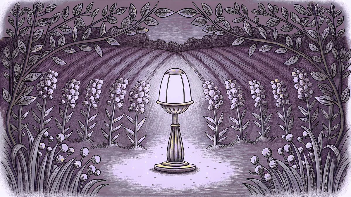Garden scene with mustard plants, an oil lamp, precious pearls, and hidden treasure.