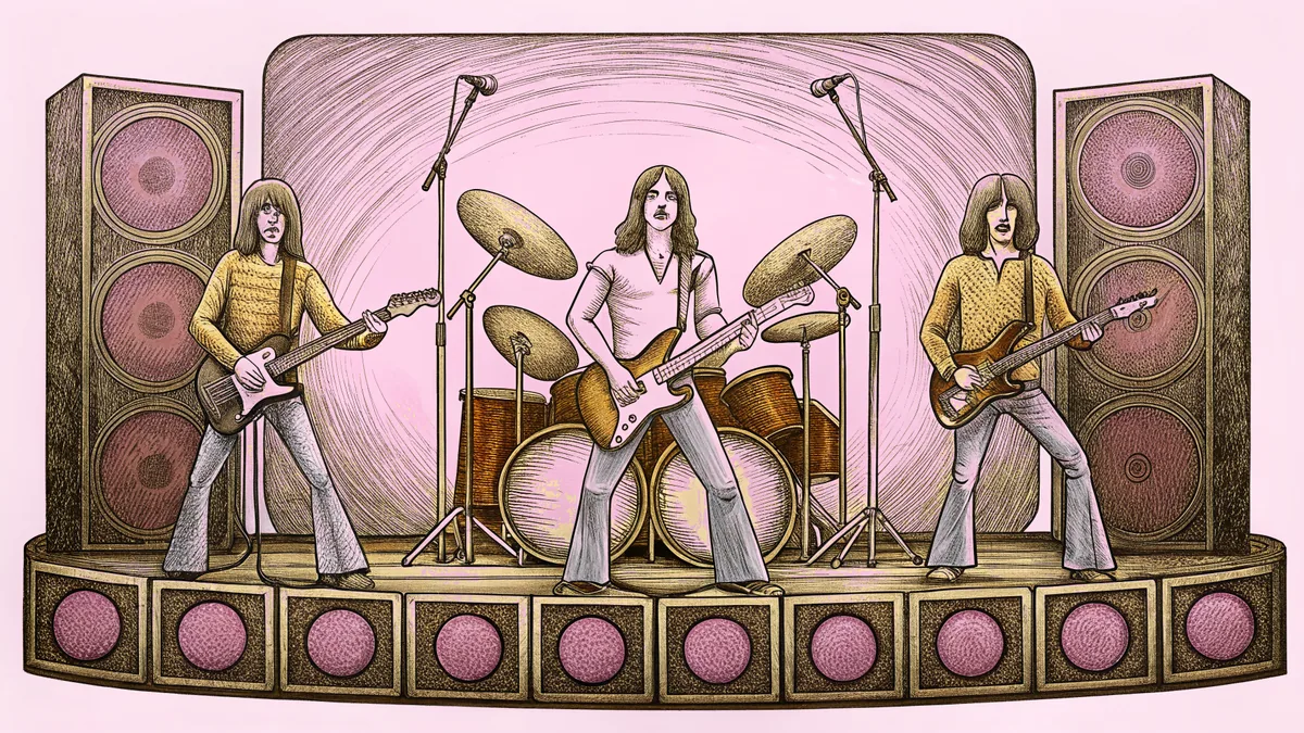 A rock band performing on stage with illuminated guitars and amplifiers.