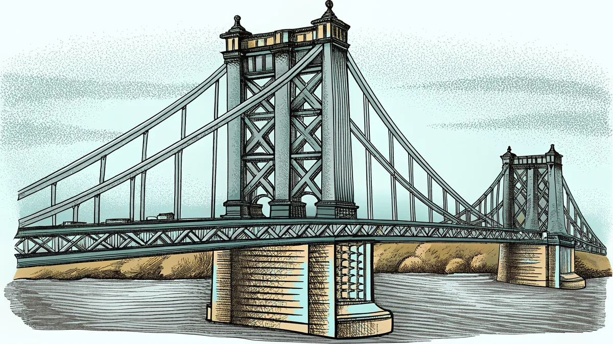 A steel truss bridge with suspension cables and a tall tower stretching across a wide river.