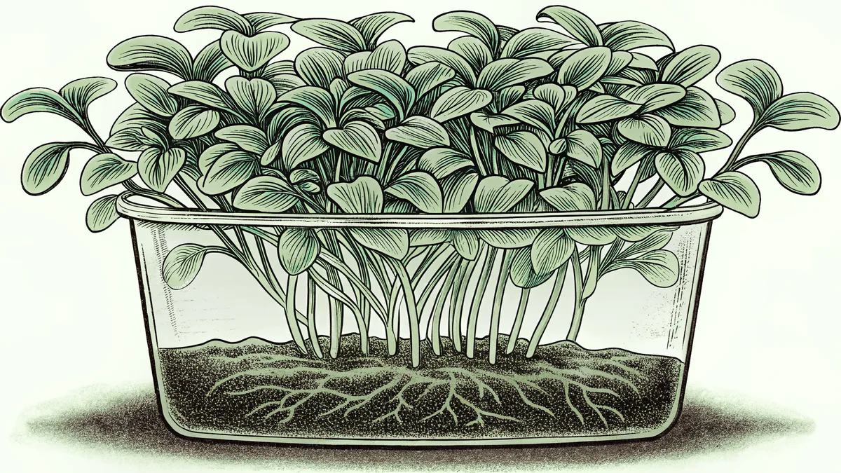 A sprouting green plant displays visible roots below soil inside a transparent pot.