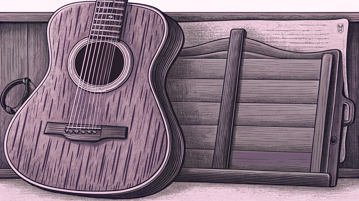 An acoustic guitar displayed on a wooden stand showing frets and silver strings.