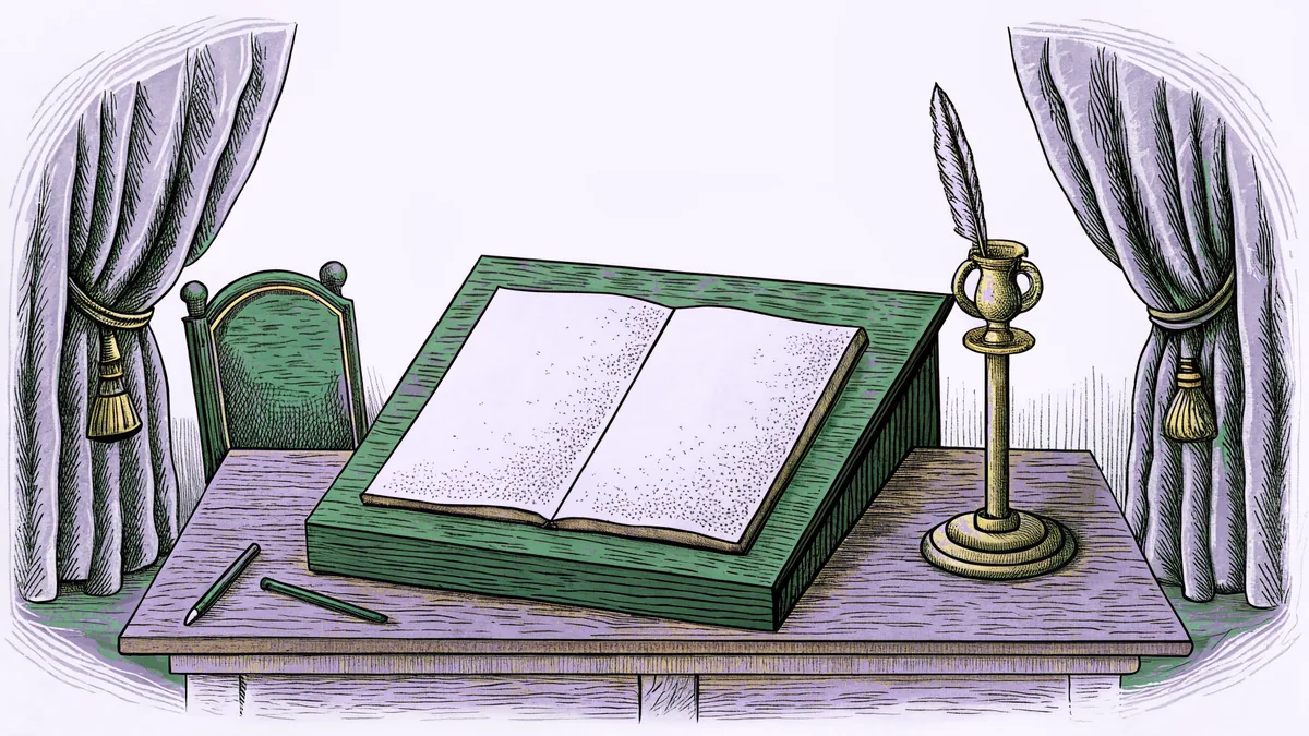 A quill, inkwell and reading lamp sit on a wooden desk beside a plain chair.