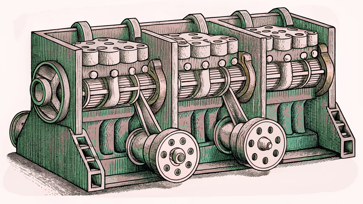 A cutaway engine block showing pistons and camshaft on a workshop stand.