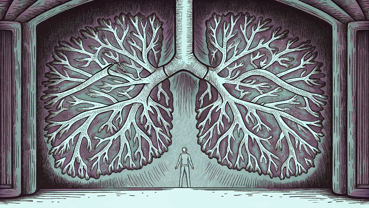 Detailed illustration of human lungs and respiratory passages in anatomical detail.