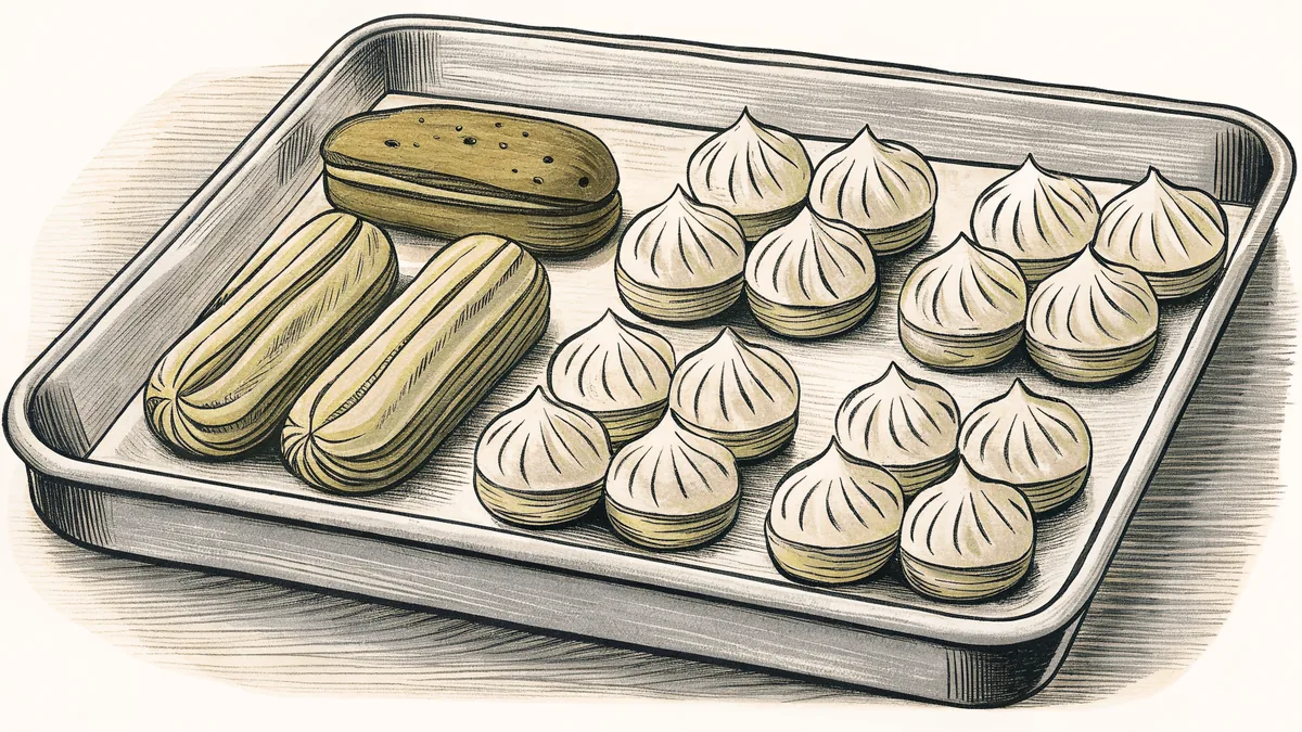 An assortment of international pastries displayed on white porcelain plates.