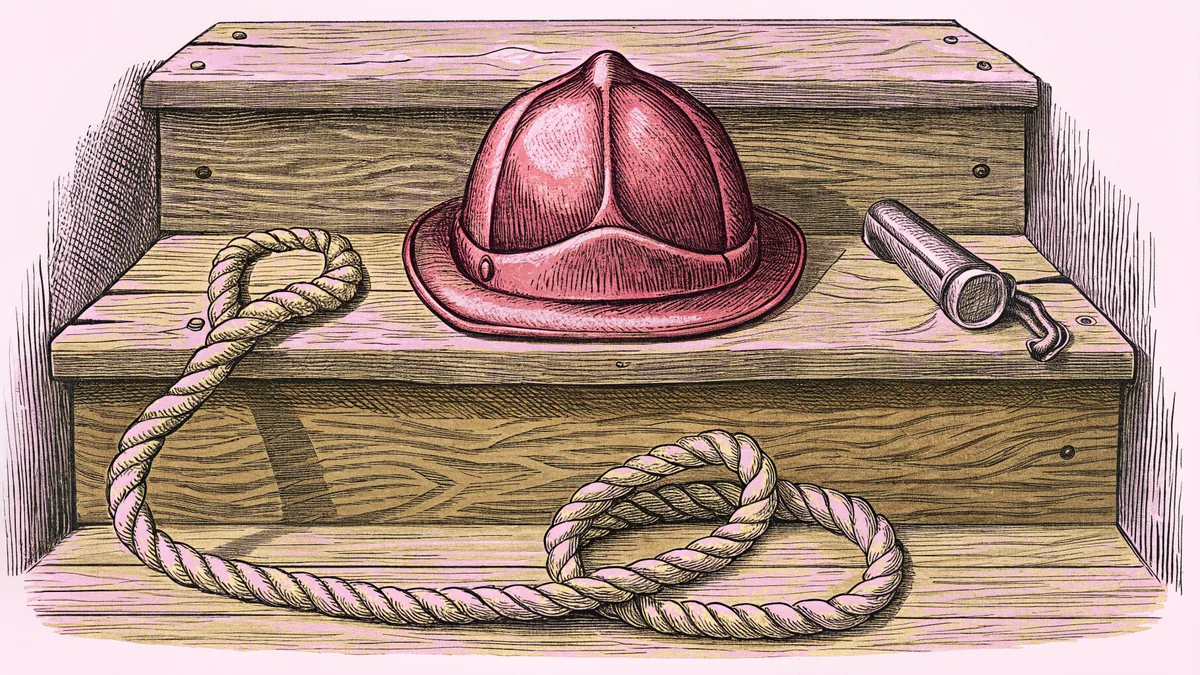 A toy fire helmet rests beside a coiled rope leash and a whistle on a wooden step.