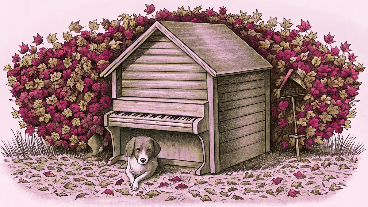 A beagle's doghouse sits beside a piano and a kite tangled in autumn leaves.