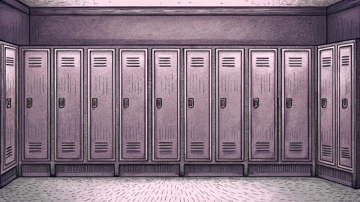 A row of school lockers stands along an empty hallway beside a bench with a cafeteria tray left on it.