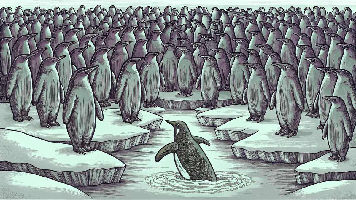 Penguin colony huddled on ice with one diving into the water.