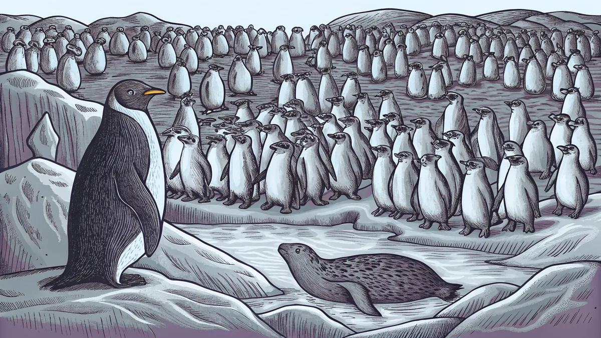 Penguin colony huddled together on ice floes with Arctic wildlife in background.