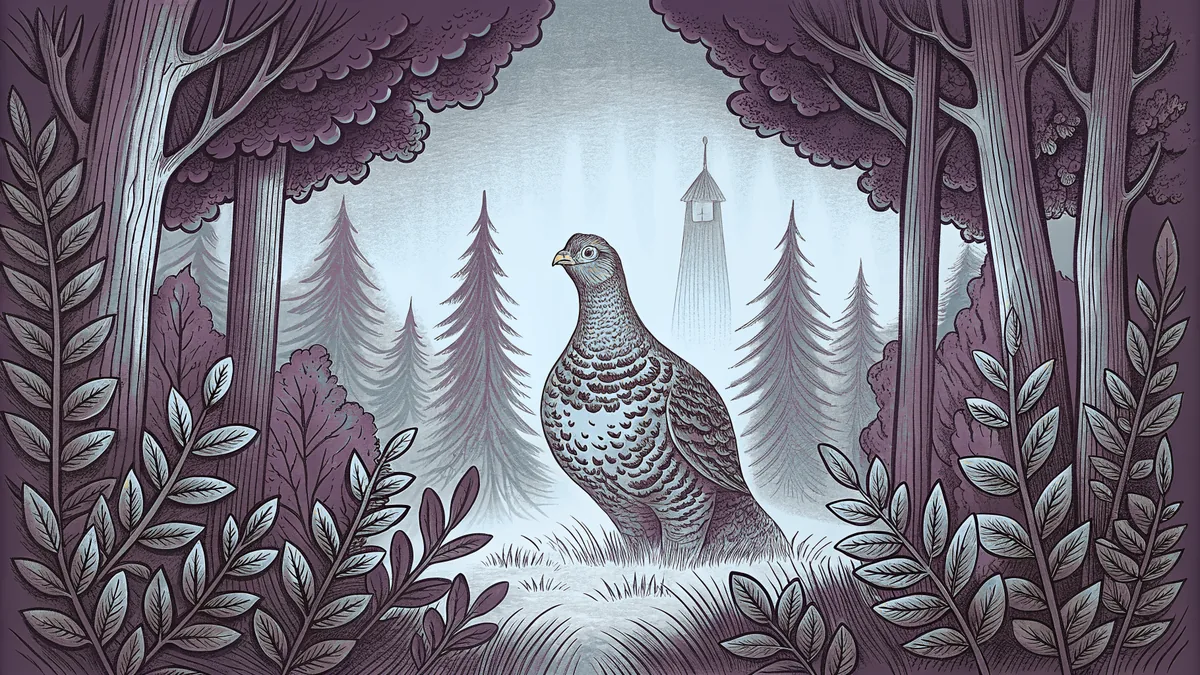 A grouse forages among hemlock and laurel beneath colonial Philadelphia's skyline.