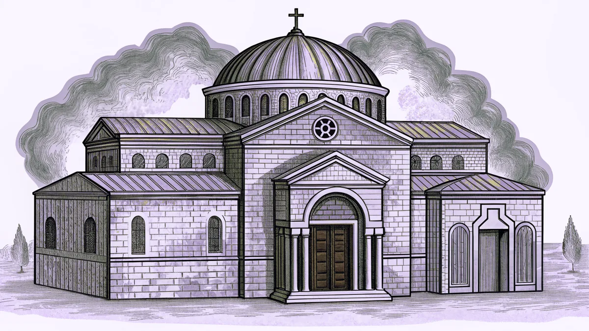 Tongues of fire and divine light descending over an ancient stone church in Jerusalem.