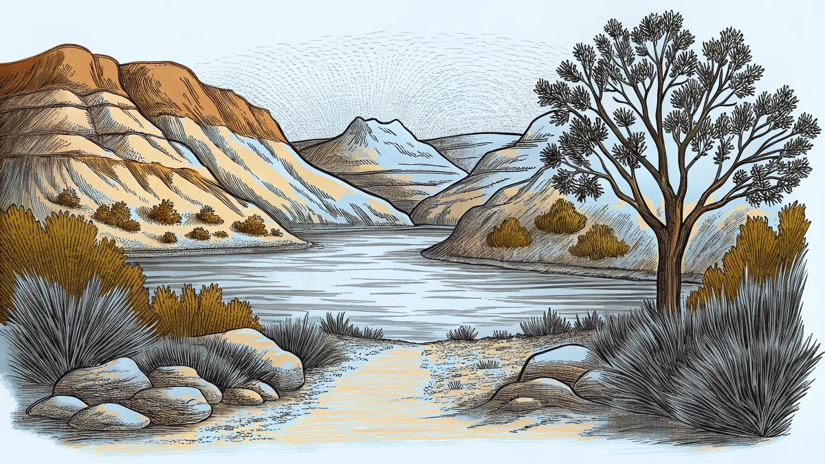 A sparkling lake nestles in the desert, surrounded by hiking trails and rock formations
