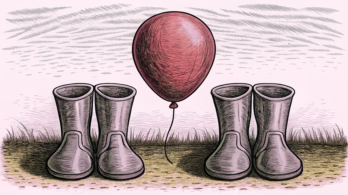 A pair of small rubber boots beside a red balloon.