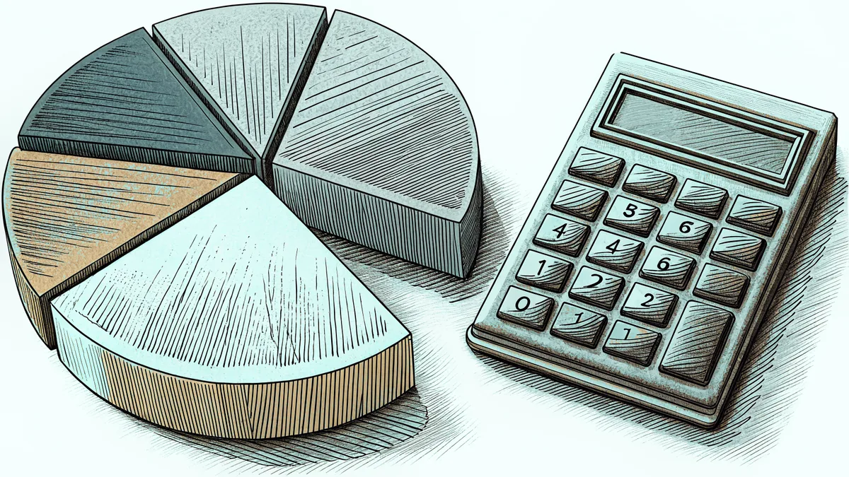 Percentage circles beside a calculator on a financial workspace surface.