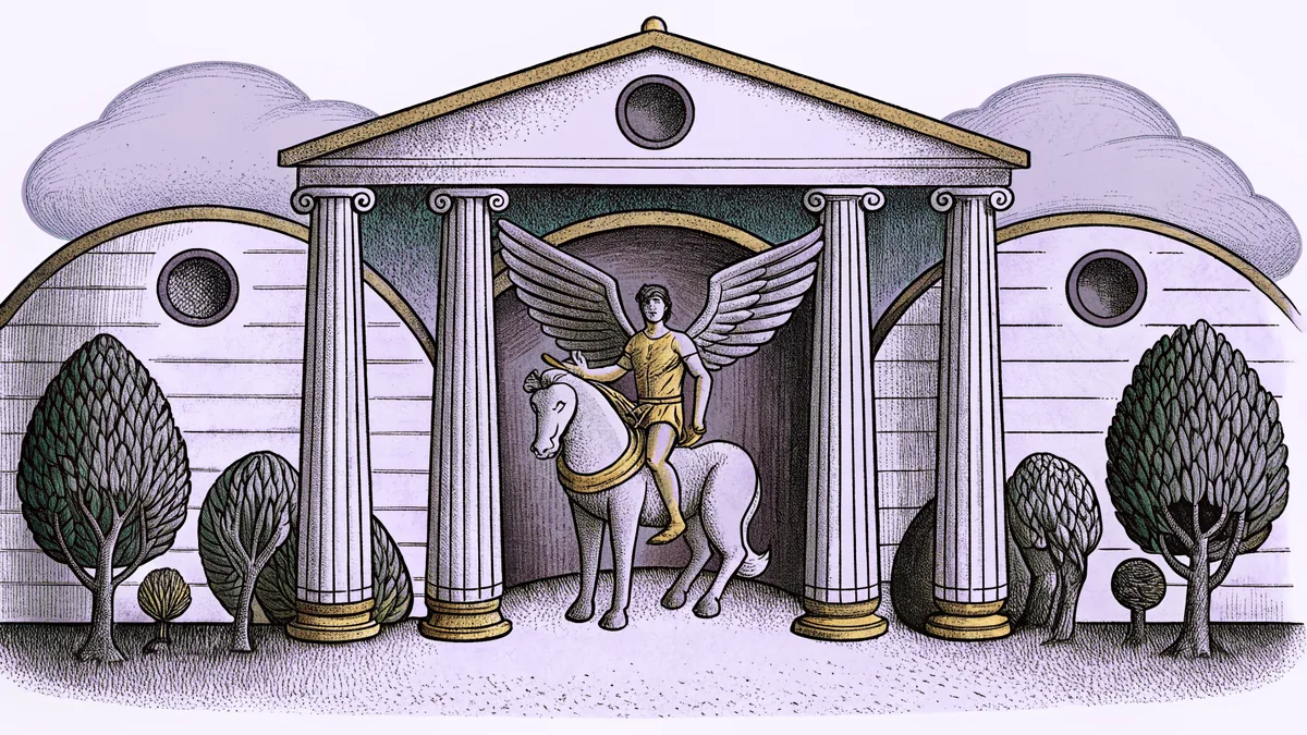 A mythical centaur with a bow stands beside a white Pegasus with a gleaming sword.