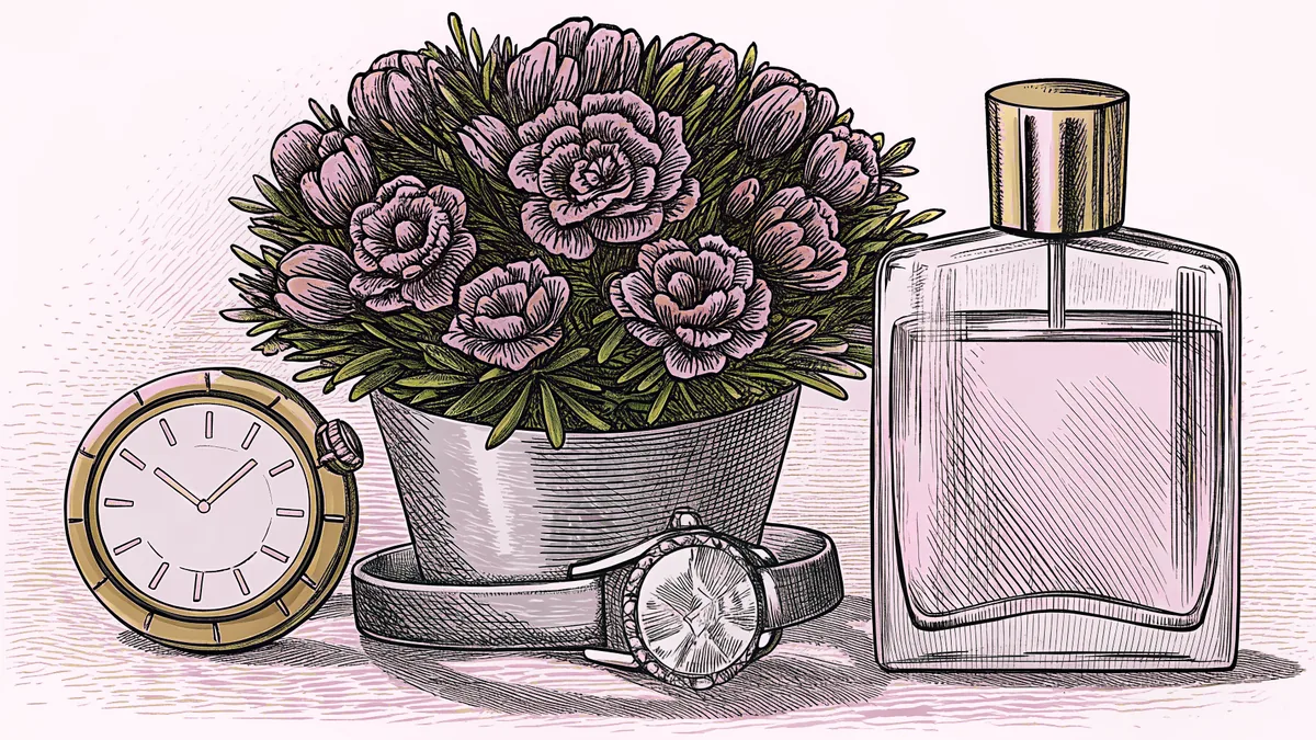 A diamond ring gleams beside a fragrant bouquet with an elegant watch and perfume.