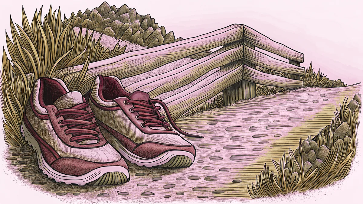 A pair of worn running shoes rests beside a steep trail and a wooden hurdle.