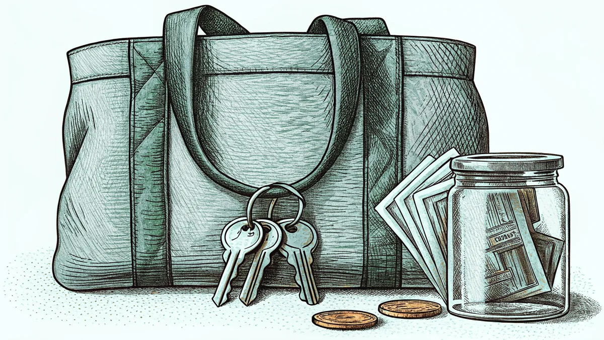 A kitchen counter holds a canvas grocery bag, a set of house keys and a glass coin jar.