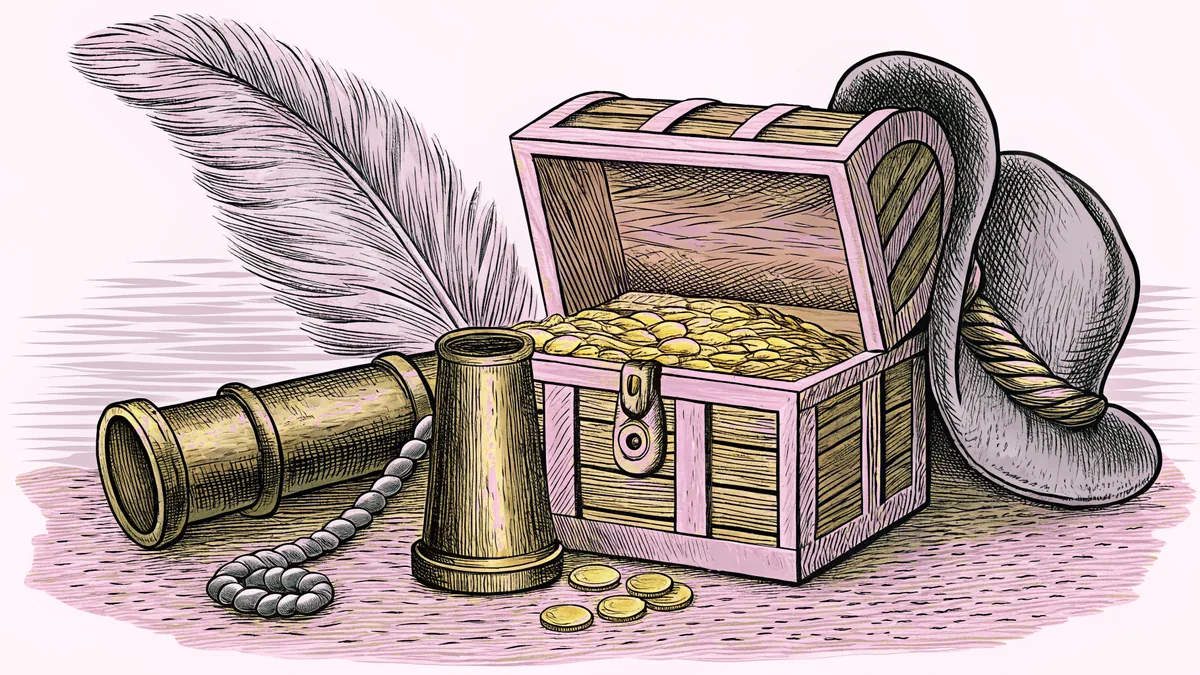 Gold coins spill from a treasure chest beside a brass telescope and a feathered hat on a dock post.