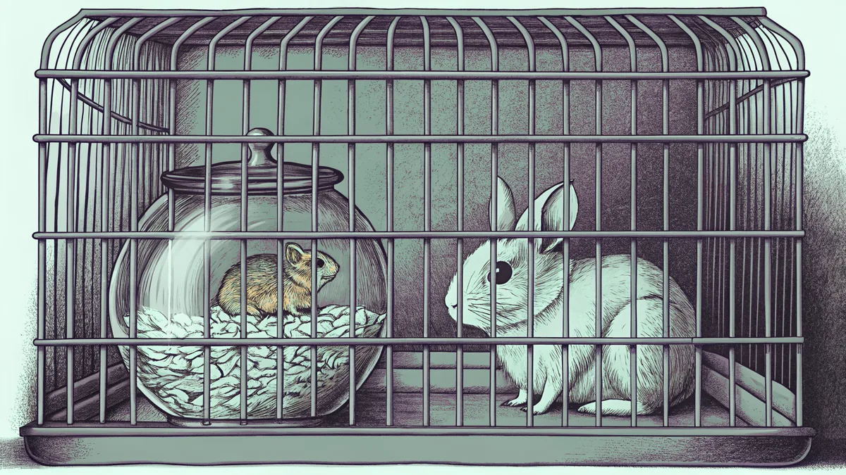 Sitting beside a cage, a goldfish bowl holds a hamster and rabbit inside