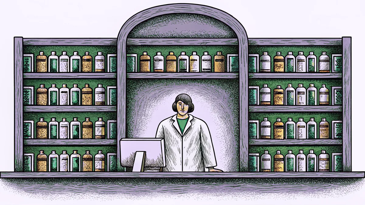 A pharmacy counter with various medication bottles and a pharmacist at work.